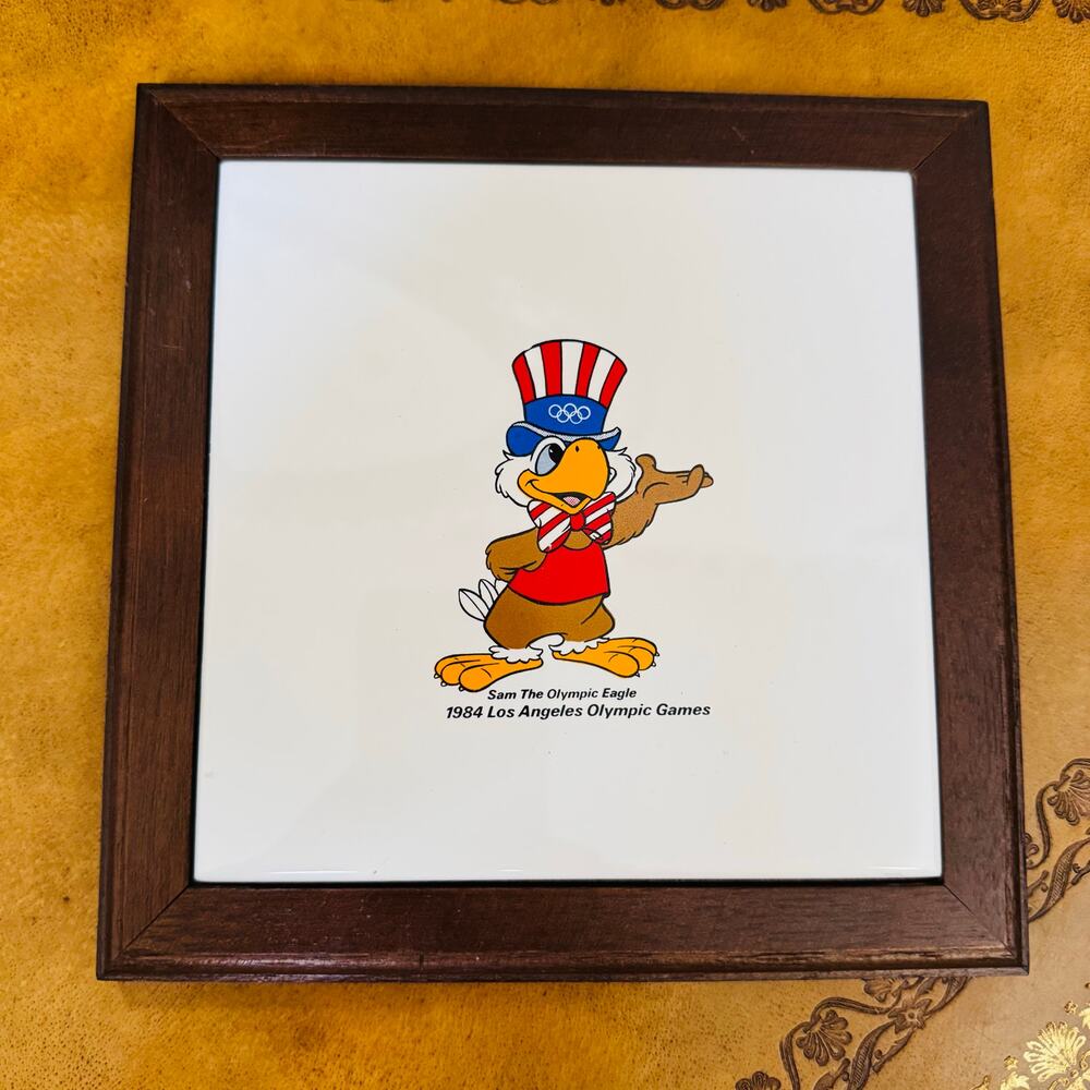 Sam the Olympic Eagle 1984 Los Angeles Games Wood Framed  Square Tile Hot Plate